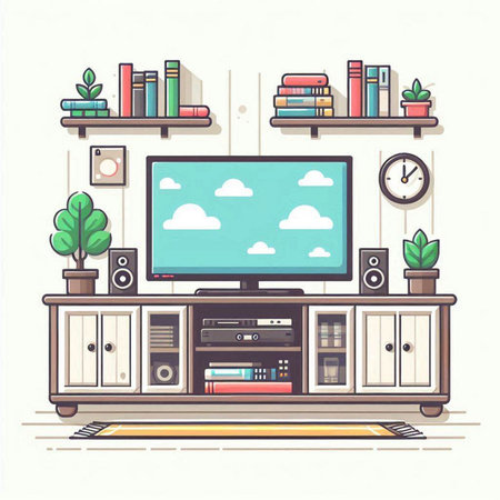Living room with TV, bookshelf, books and plants. Vector illustrationのイラスト素材