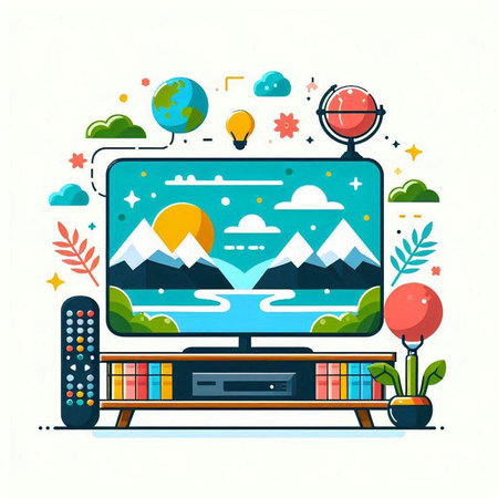 Vector illustration of modern flat design concept of home entertainment. TV on the wall with a picture of mountains, sun, sky, clouds, trees and other objects.のイラスト素材