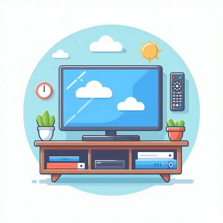 TV with remote control and clouds. Vector illustration in flat style.のイラスト素材