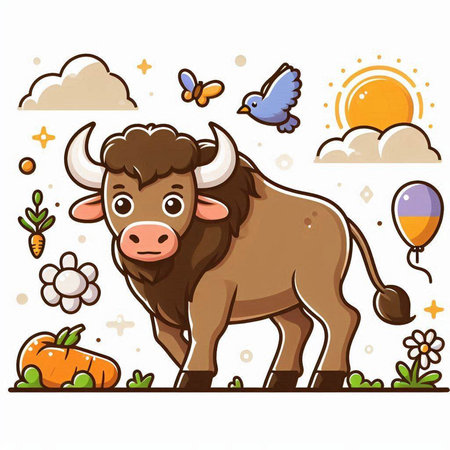 Illustration of a Cute Cartoon Buffalo with Clouds, Butterflies and Birdsのイラスト素材