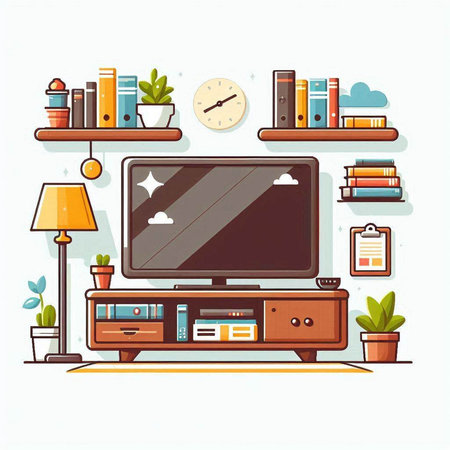 Vector illustration of a cozy living room with a TV, bookshelves, plants and decorations.のイラスト素材