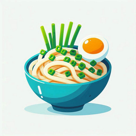 Noodles in a bowl with green onions and egg. Vector illustration.のイラスト素材