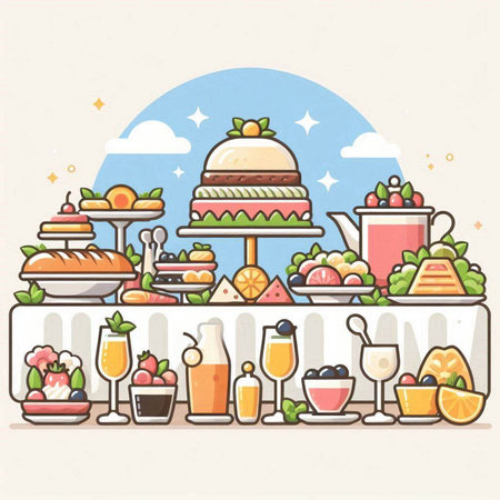 Candy bar vector illustration. Cakes, sweets and pastries on a buffet table.のイラスト素材