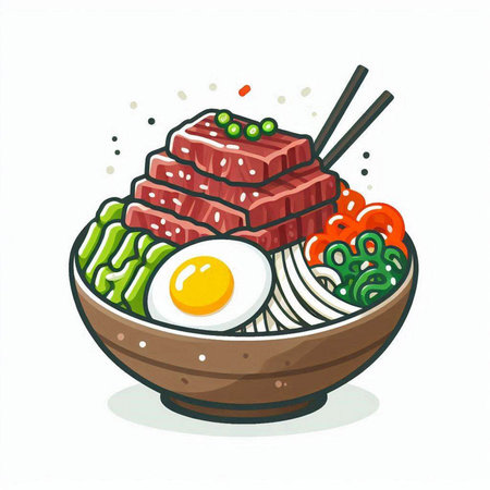 Illustration of a bowl of udon noodles with beef and eggのイラスト素材