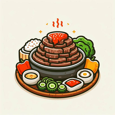 Illustration of grilled beef in hot pot with vegetables and sauce.のイラスト素材