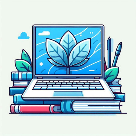 Laptop with plant on screen, books and pencils. Vector illustrationのイラスト素材