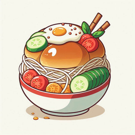 Illustration of a bowl of pickled cucumbers with fried eggのイラスト素材