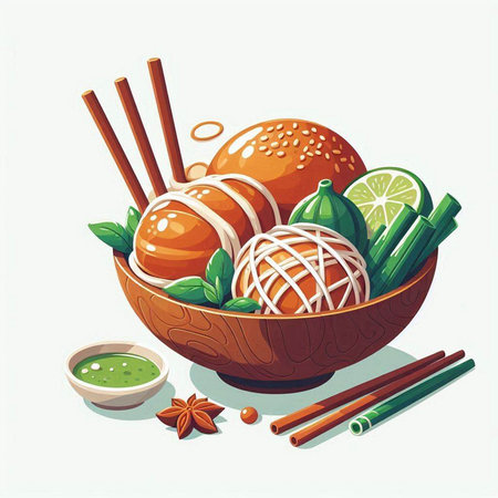 Illustration of Asian food in bowl with chopsticks. Vector illustration.のイラスト素材