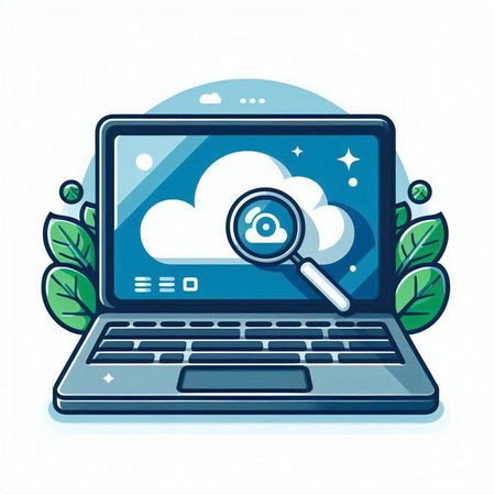 Laptop with cloud computing and magnifying glass. Vector illustration.のイラスト素材