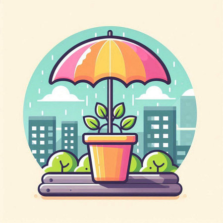 Flat vector illustration of houseplant in pot with umbrella on city backgroundのイラスト素材