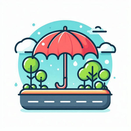 Umbrella on the road in the rain. Vector illustration.のイラスト素材