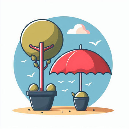 Umbrella on the beach. Vector illustration in cartoon style.のイラスト素材