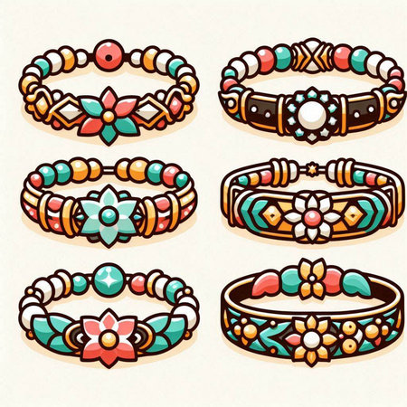 Set of colorful bracelets in ethnic style. Hand drawn vector illustration.のイラスト素材