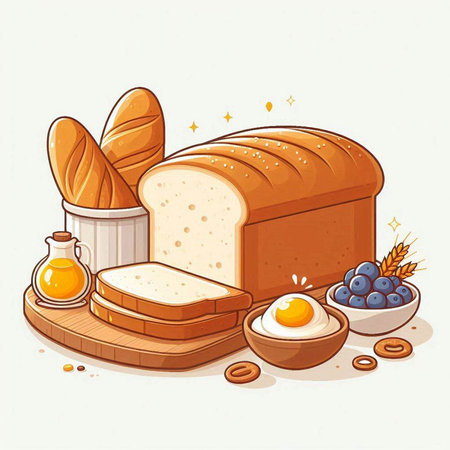 Sliced bread and eggs on a white background. Vector illustration.のイラスト素材