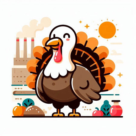Thanksgiving day vector illustration. Cute cartoon turkey character standing in front of factory.のイラスト素材