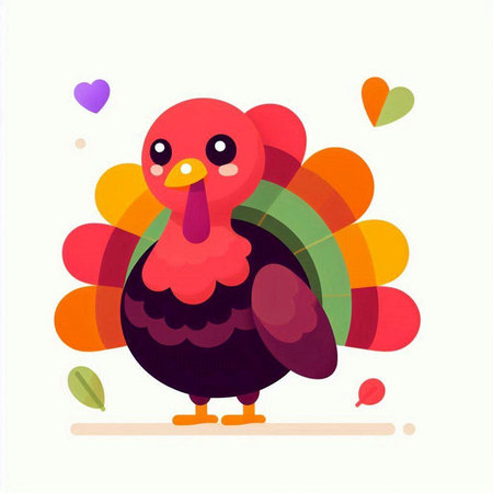 Vector illustration of a cute cartoon turkey on a white background with hearts.のイラスト素材