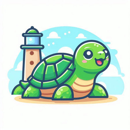 Cute cartoon turtle with lighthouse. Vector illustration in a flat styleのイラスト素材
