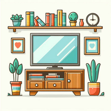 Living room interior with TV, bookshelf and plants. Vector illustrationのイラスト素材