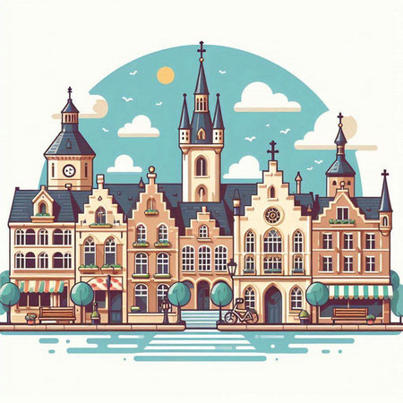 Old town of Bruges, Belgium. Vector illustration in retro style.のイラスト素材