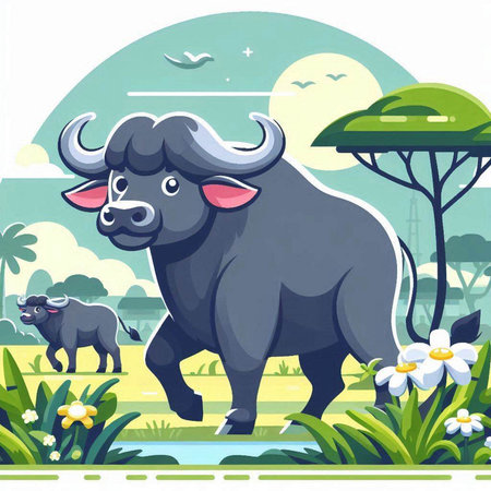 Cartoon buffalo on the background of the nature. Vector illustration.のイラスト素材