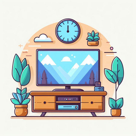 Vector illustration of modern flat design living room interior with furniture, tv, plants and clock.のイラスト素材