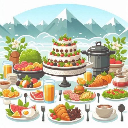 Illustration of a table full of food and drinks on a mountain backgroundのイラスト素材