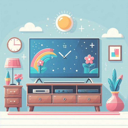 Vector illustration of a living room with a TV and a view of the sunのイラスト素材