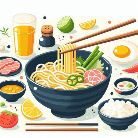 Japanese ramen noodle soup with chopsticks and ingredients. Vector illustrationのイラスト素材