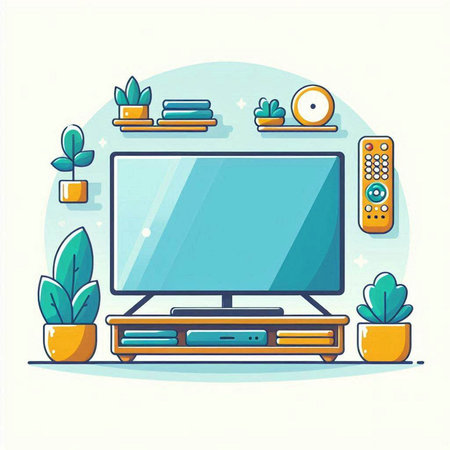 TV on the wall with plants. Flat style. Vector illustration.のイラスト素材
