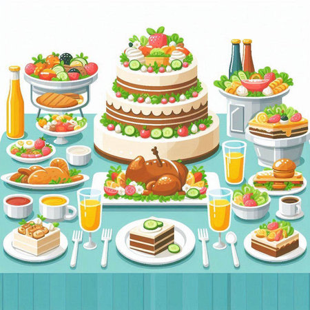 Illustration of a delicious cake and other food on the table at a partyのイラスト素材
