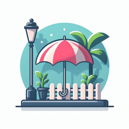 Vector flat illustration of a street lamp with a white umbrella and a palm tree.のイラスト素材