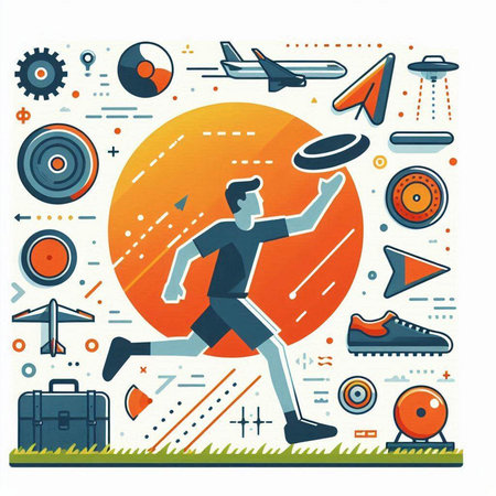 Vector illustration of a man running in a circle with sport icons.のイラスト素材