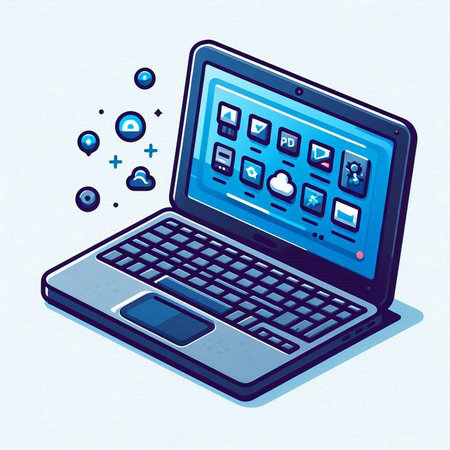 Laptop computer with social media icons on screen. Vector illustration.のイラスト素材