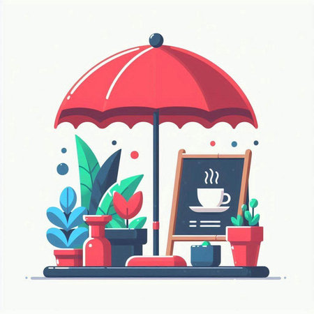 Vector illustration of a coffee shop with a red umbrella and a cup of coffeeのイラスト素材