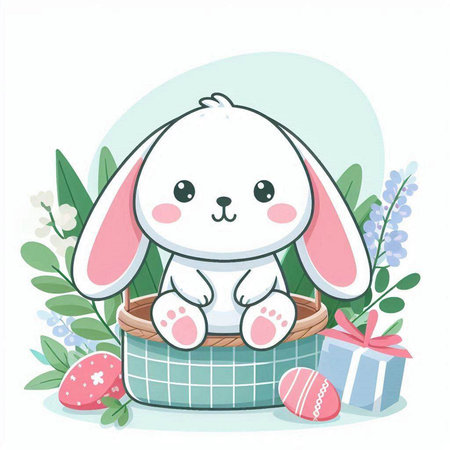 Cute easter bunny in basket with eggs and flowers. Vector illustrationのイラスト素材