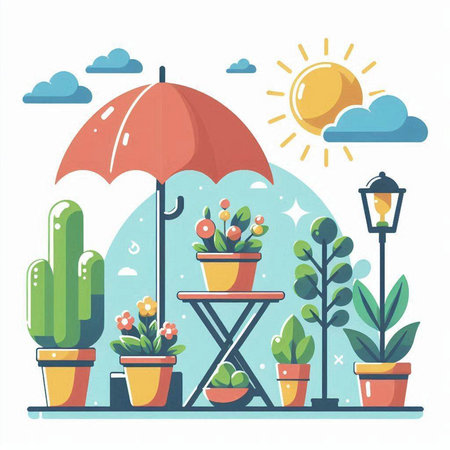 Vector illustration of a terrace with plants, sun and umbrella.のイラスト素材