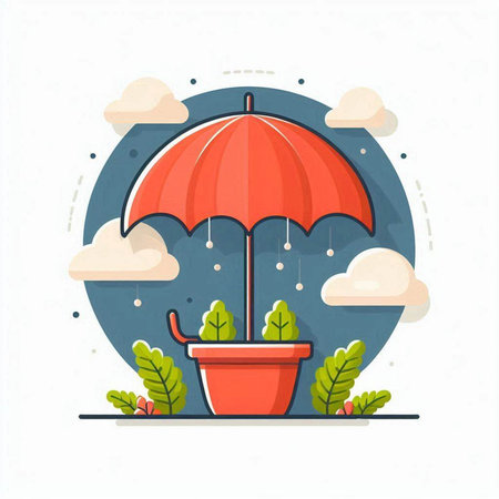 Flat design vector illustration concept of umbrella protecting plants from rain.のイラスト素材