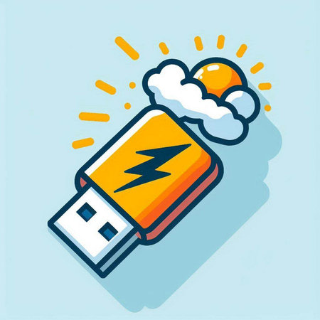 USB flash drive with cloud and sun. Vector illustration in flat styleのイラスト素材