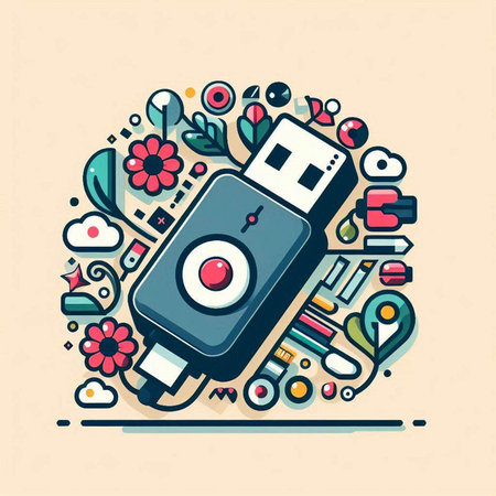 Vector illustration of an USB flash drive in a circle with colorful elements.のイラスト素材