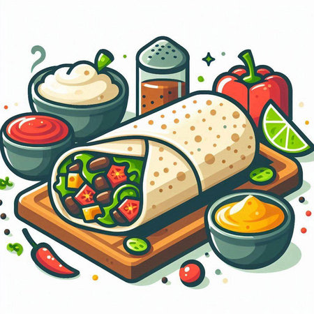 Vector illustration of mexican burrito on wooden cutting board with ingredientsのイラスト素材