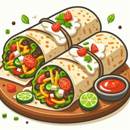 Illustration of a Tortilla Wraps with Vegetables and Fruitsのイラスト素材