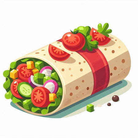 Vector illustration of a tortilla wrap with lettuce, tomato, cucumber, onion and cheeseのイラスト素材