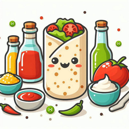 Kawaii kebab with vegetables and sauce. Vector illustration.のイラスト素材
