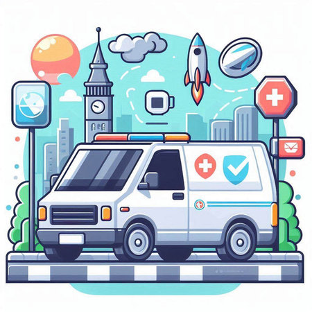 Ambulance car on the road. Flat style vector illustration.のイラスト素材