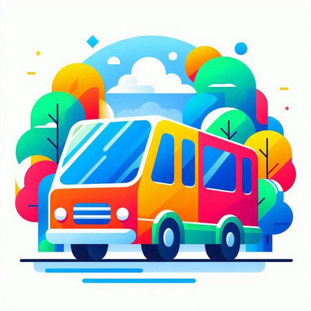 Colorful vector illustration of a bus on a background of the forestのイラスト素材