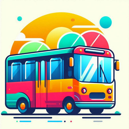 Colorful bus on the background of the summer landscape. Vector illustrationのイラスト素材