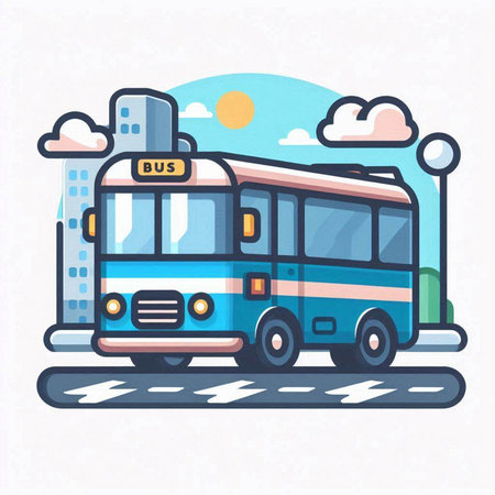 Bus on the city street. Vector illustration in flat design style.のイラスト素材