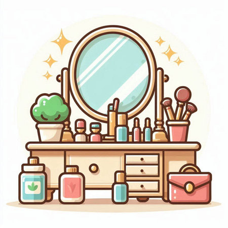 Vector illustration of a dressing table with a mirror, cosmetics, makeup products and cosmetics.のイラスト素材