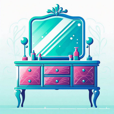 Vector illustration of a dressing table in retro style with mirror and mirrorのイラスト素材