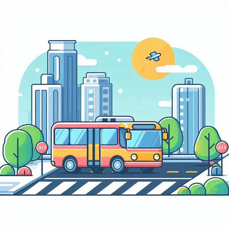 Cityscape with bus and skyscrapers. Vector illustration in flat styleのイラスト素材